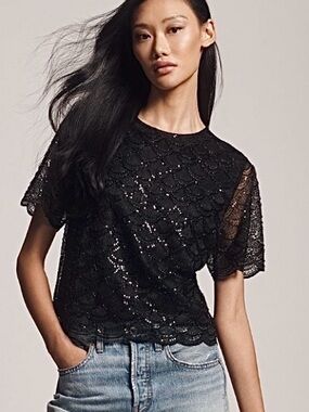 Anthropologie Blue Tassel Black Short-Sleeve Sequin Lace Top Large NWT